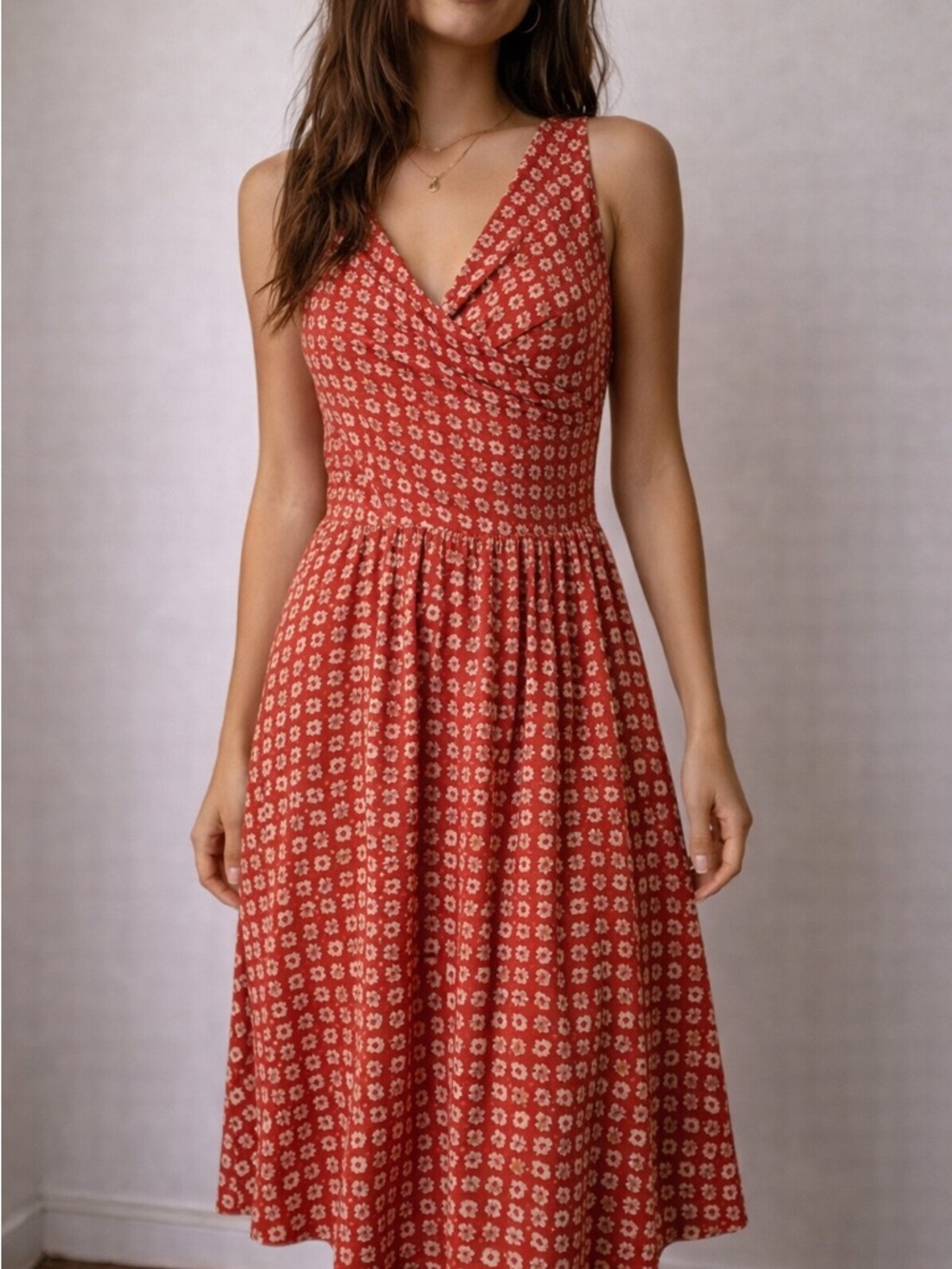 Anthropologie Maeve Brianne Coral Floral Daisy Print Midi Dress Medium Boho‎